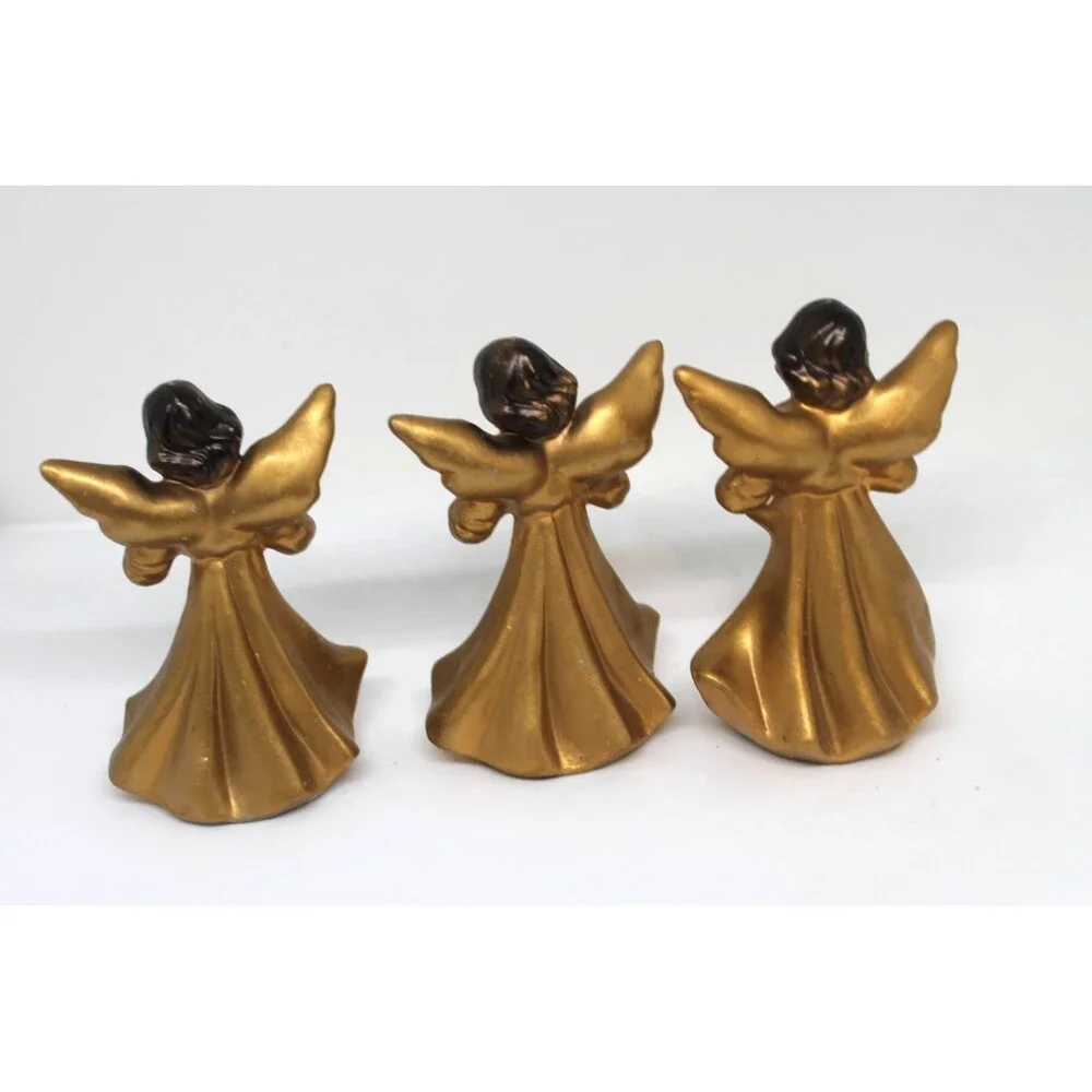 Vintage Set of 3 Christmas Angel Figurines Japan MCM Metallic Gold Hand Painted